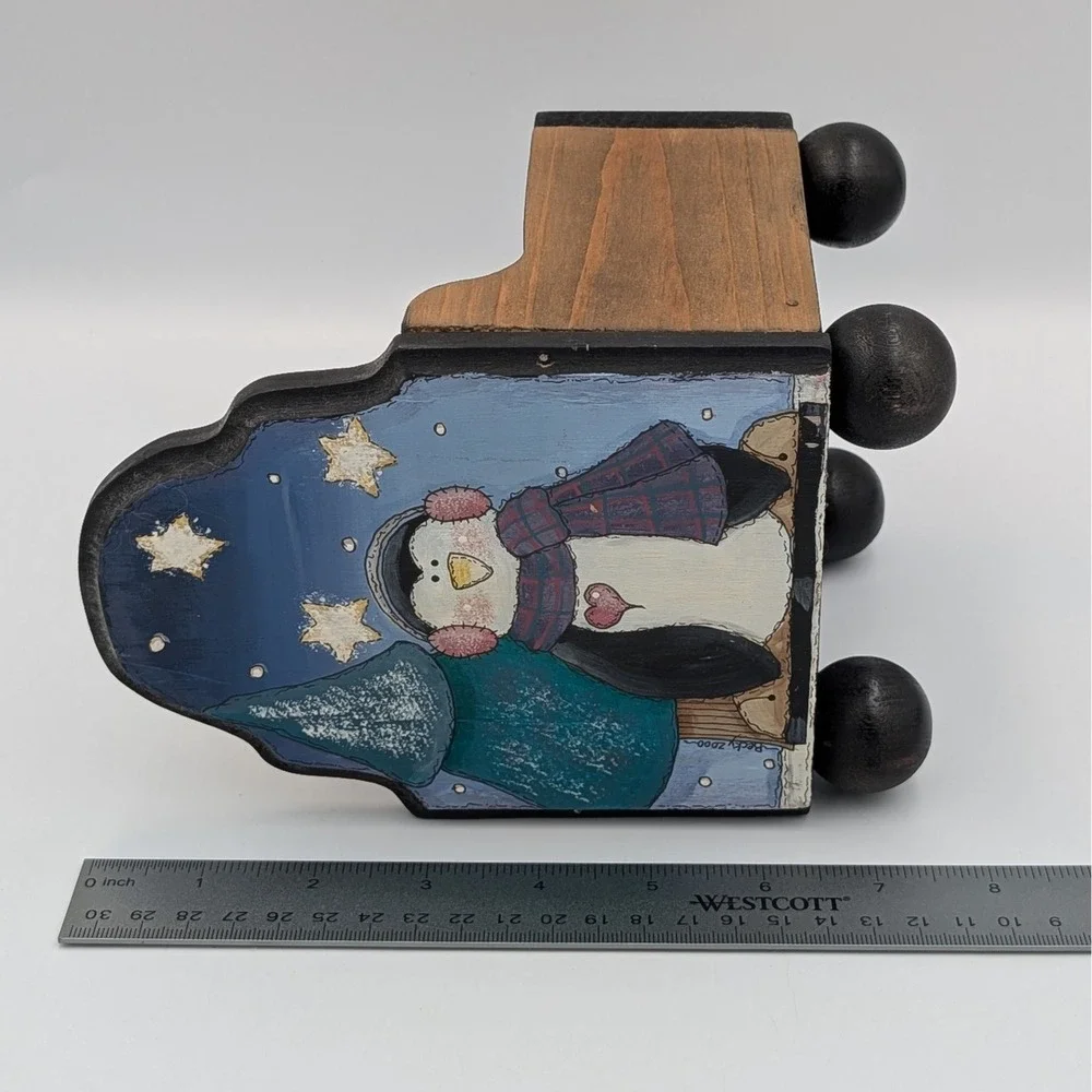 Hand Painted Penguin Wooden Box Winter Christmas Folk Art Holiday Decor 7 Inch